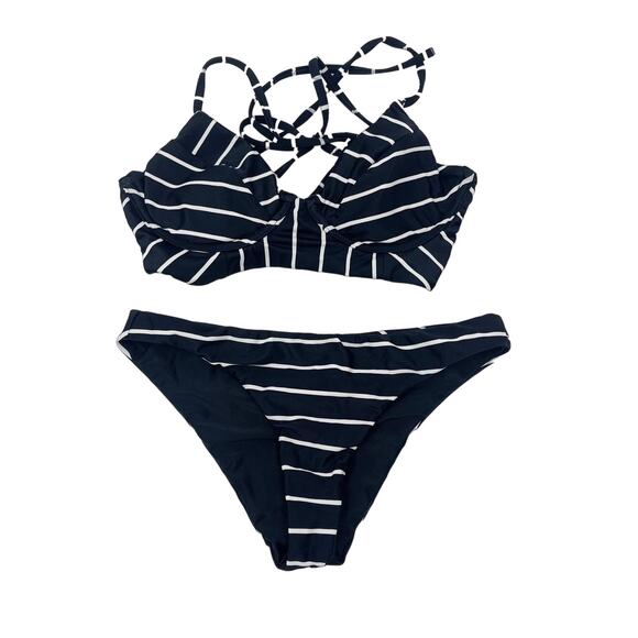 Black White XS Striped Bikini Set Tie Back Triangle Swimsuit Hipster Bottom - Picture 1 of 7